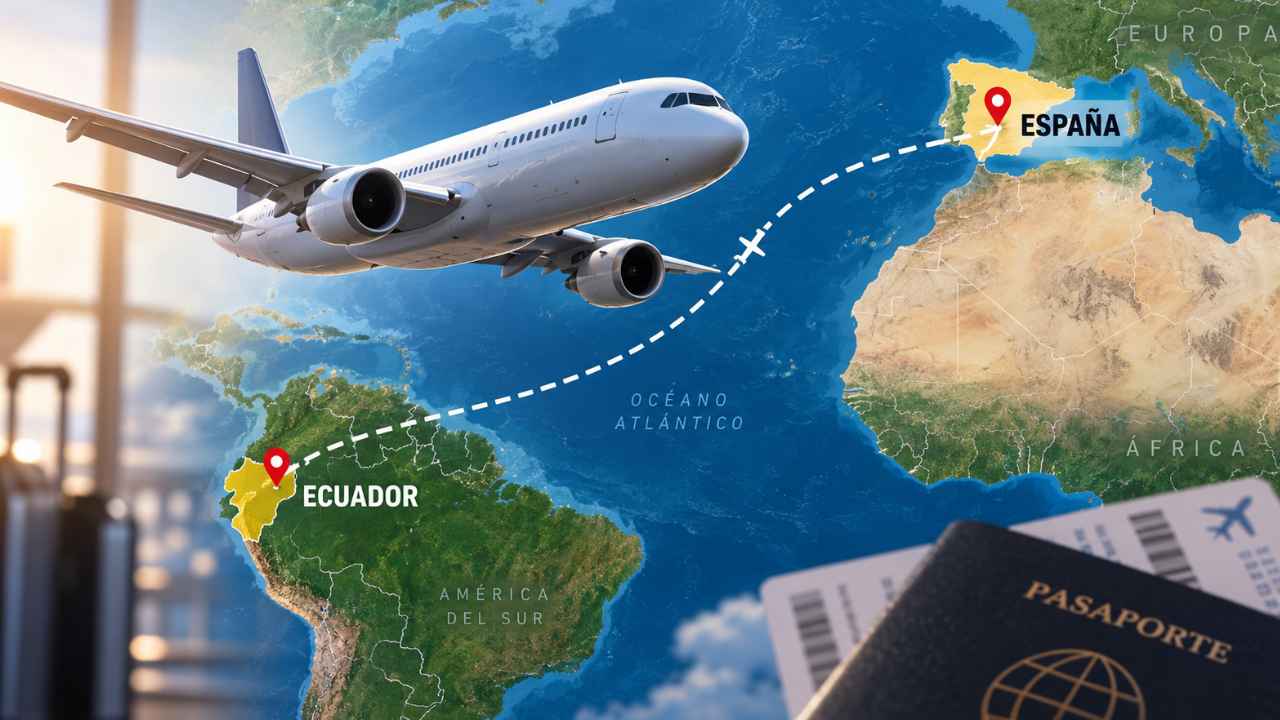 Montaje de un avión sobre un mapa con la ruta entre Ecuador y España, acompañado de un pasaporte y billetes de avión.