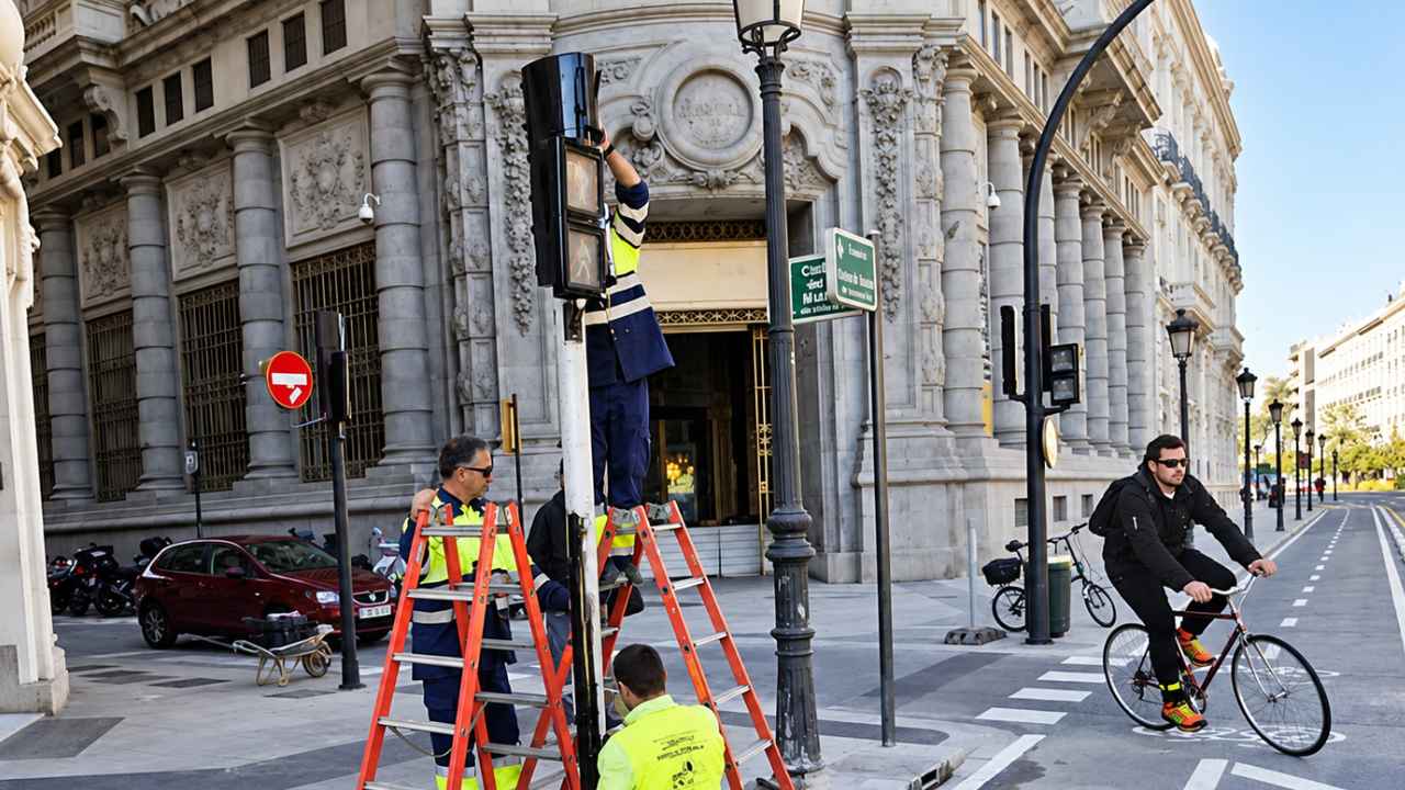 Operarios trabajando en un semáforo urbano mientras un ciclista circula por la calzada