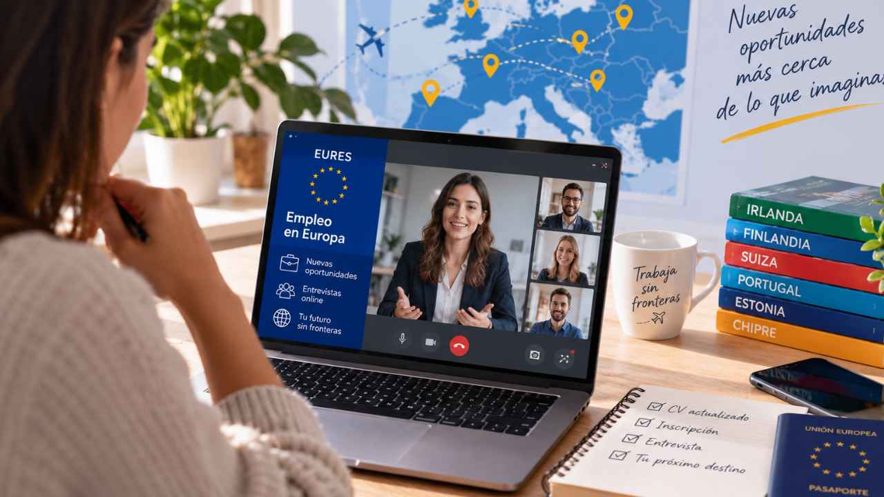 Mujer participando en una entrevista de trabajo online de EURES, con un mapa de Europa y referencias a varios países europeos.