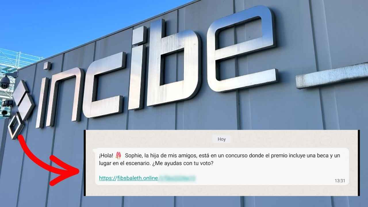 Fachada de INCIBE junto a un mensaje fraudulento de WhatsApp que invita a votar en un falso concurso de baile.