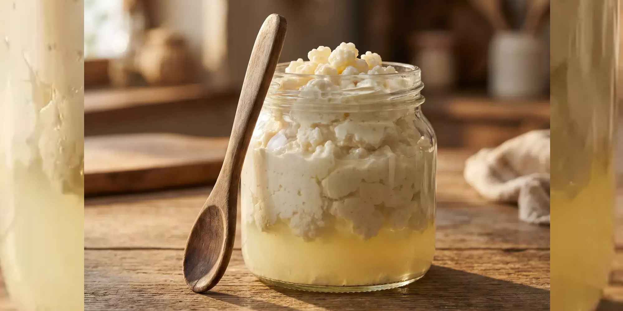 Tarro de cristal con kéfir de leche sobre una mesa de madera, producto fermentado para el que Agricultura prepara una nueva norma de calidad. Copiar