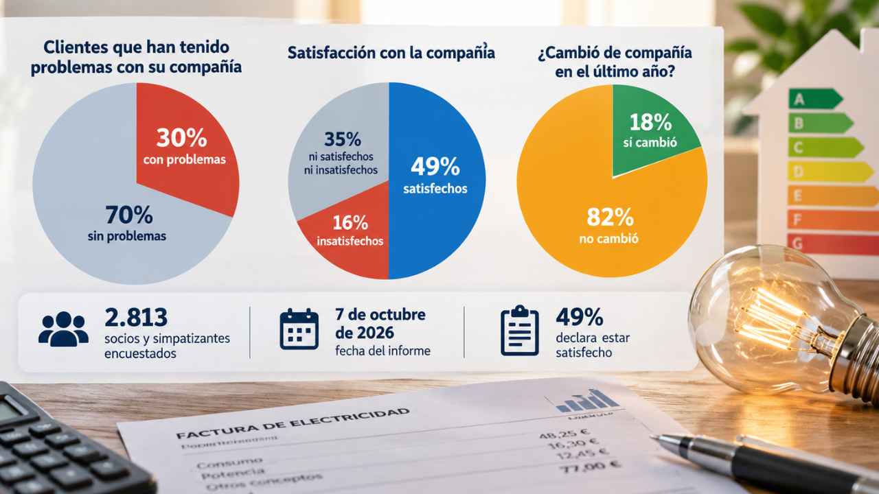 Infografía de la encuesta de OCU sobre compañías de luz y gas, con un 30% de clientes afectados por problemas y un 82% que no cambió de compañía.
