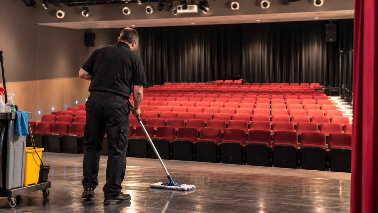 Trabajador limpiando el escenario de un teatro con butacas rojas, imagen ilustrativa de las plazas de conserje de teatro