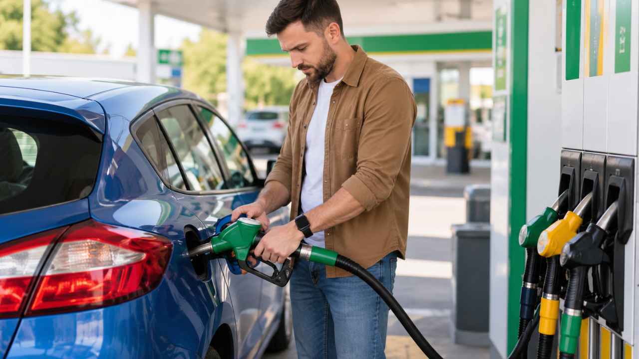 Vehículo repostando gasolina en una estación de servicio tras la bajada del 8,6% del precio del combustible.