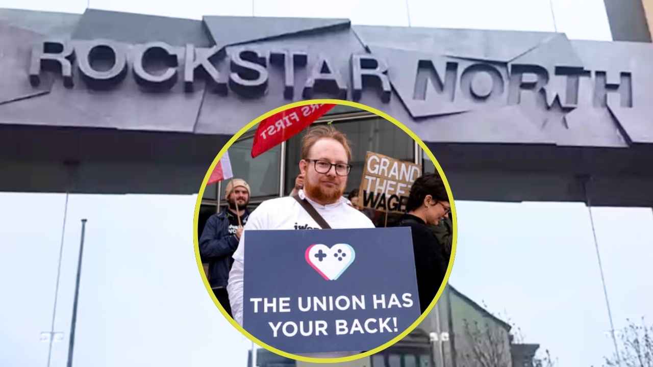 Montaje de la fachada de Rockstar North y un manifestante con una pancarta de apoyo sindical.