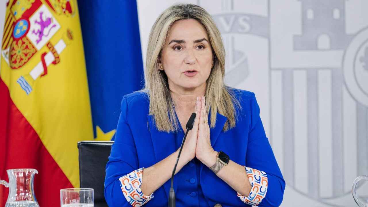 Representante institucional durante una comparecencia ante los medios, con las banderas de España y la Unión Europea al fondo.