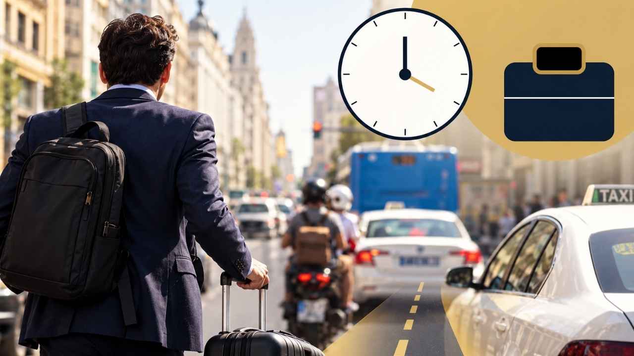 Trabajador con traje, mochila y maleta desplazándose por una calle con tráfico, taxis y autobuses, junto a un gráfico de reloj.