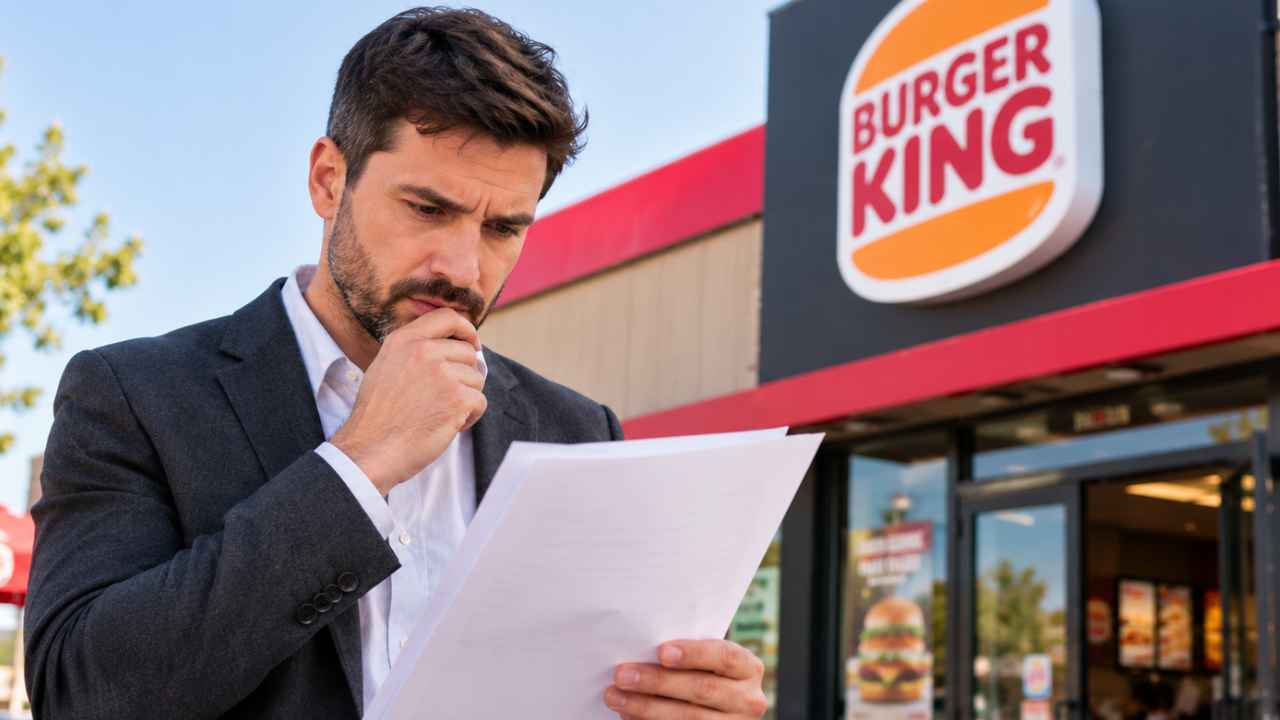 Hombre revisando unos documentos frente a un restaurante Burger King, imagen ilustrativa del caso de despido de un gerente.